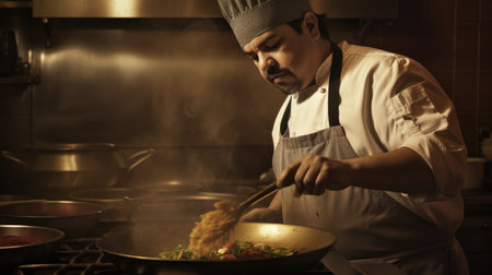 Chef Male Hispanic Middle-aged Cooking at stovetop in Restaurant kitchen. Generative AI AIG22.の素材