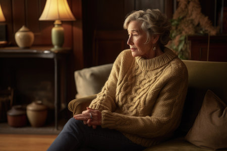 Female Caucasian elderly knitting cozy sweater warmth living room. Generative AI AIG23.の素材