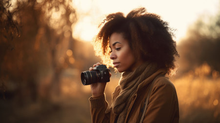 Photographer Female African-American 50s Taking photos on location in Outdoor location. Generative AI AIG22.の素材