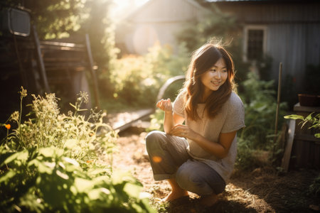 Female Asian senior gardening in backyard plants practical. Generative AI AIG23.の素材