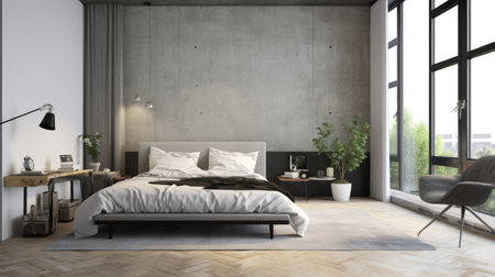 Bedroom decor, home interior design . Modern Scandinavian style with Window View decorated with Concrete and Glass material . Generative AI AIG26.の素材