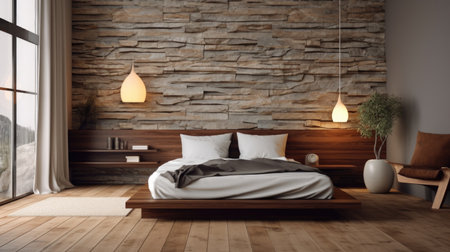 Bedroom decor, home interior design . Contemporary Japanese style with Accent Wall decorated with Wood and Stone material . Generative AI AIG26.の素材