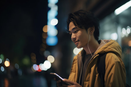 Low angle shot of a young chinese japanese man trendy clothes using mobile phone with background of urban city street at night. Generative AI AIG18.の素材