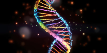 DNA molecule double helix in colorful. distinct generative AI image.の素材