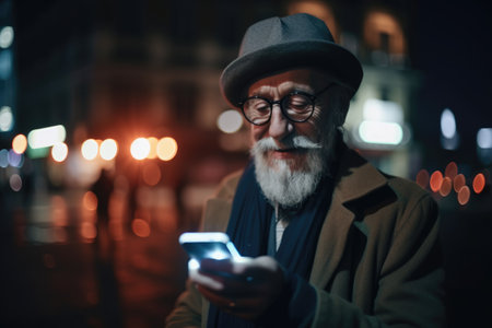 Wide angle shot of a senior caucasian man trendy clothes using mobile phone with background of urban city street at night. Generative AI AIG18.の素材
