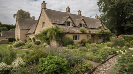 Home architecture design in Art Nouveau Style with Organic shapes constructed by Stone and Glass material. Art Nouveau style. Generative AI AIG25 .の素材