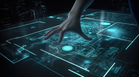 The man touching on glass design of city in the style of light teal. Generative AI AIG21.の素材