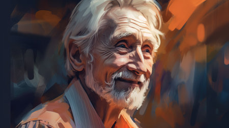 A portrait painting of a smiling older man in an oil on canvas painting style. Generative AI AIG21.の素材