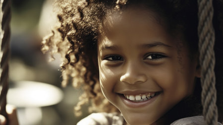 Close up smiling face, young african american girl playing on a swing, happiness, childhood, freedom, vitality, outdoor fun, carefree, sunlight. Generative AI AIG20.の素材