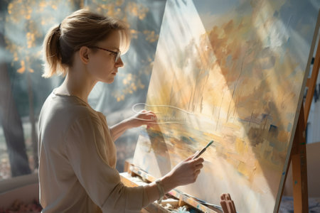 Female freelance art designer in the studio room. Generative AI AIG21.の素材