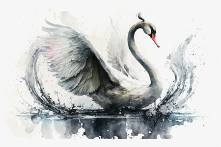 Swan watercolor hand drawn style. distinct generative AI image.の素材