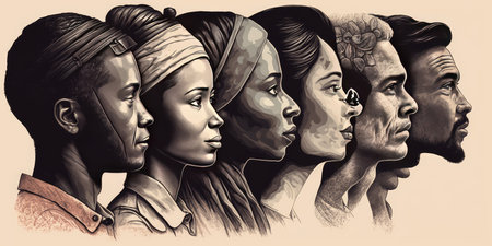 Face portrait of diverse people together looking straight. Multiracial concept. distinct generative AI image.の素材