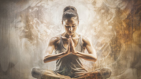 Young asian woman in advanced yoga pose, double exposure, energy ripple in the body, heroic. Generative AI AIG20.の素材