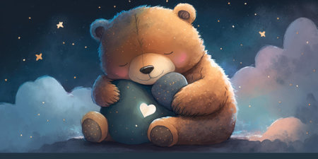 A cute and adorable bear is sleeping under night sky between stars pillow. Generative AI AIG16.の素材