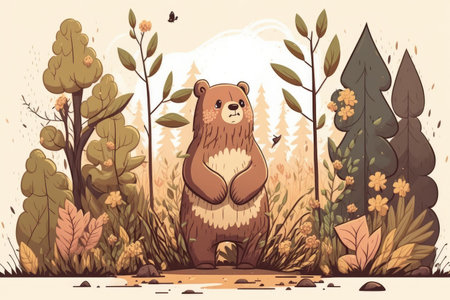 Brown bear in a forest super cute cartoon art style nordic style. Generative AI AIG16.の素材