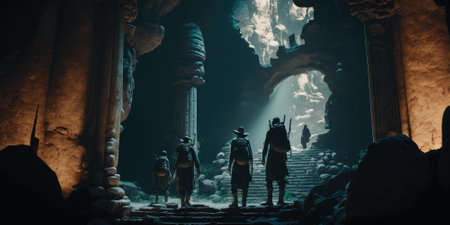 Close up movie still of a group of explorers finding ancient abandoned temple inside a huge cavern. Generative AI AIG16.の素材