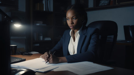 Salesperson Female African-American Young Adult Pitching to a client in Office. Generative AI AIG22.の素材