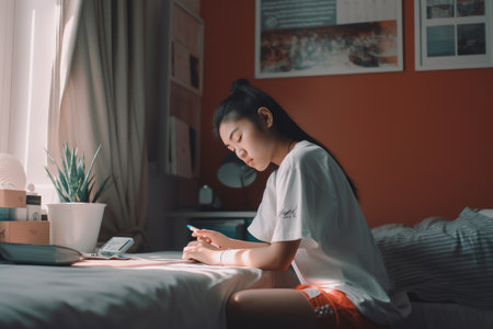 Female Asian teenager doing homework in bedroom studying smart. Generative AI AIG23.の素材
