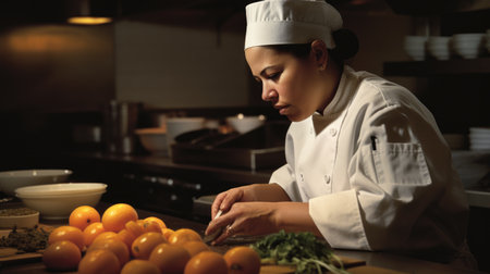 Chef Female Hispanic Middle-aged Preparing ingredients in Restaurant kitchen. Generative AI AIG22.の素材