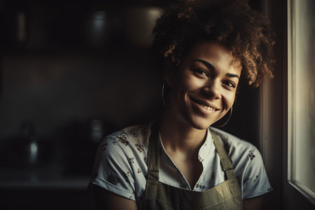 Female African american adult cooking in kitchen apron chef attire. Generative AI AIG23.の素材