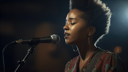 Musician Female African-American Young Adult Performing live music for an audience. Generative AI AIG22.の素材