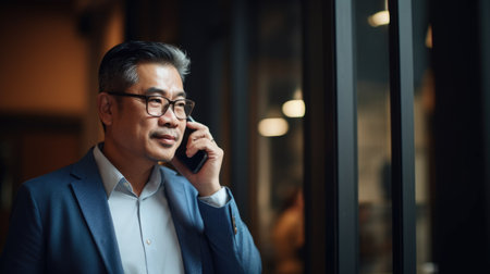 Entrepreneur Male Asian Middle-aged Conducting business call in Co-working space. Generative AI AIG22.の素材