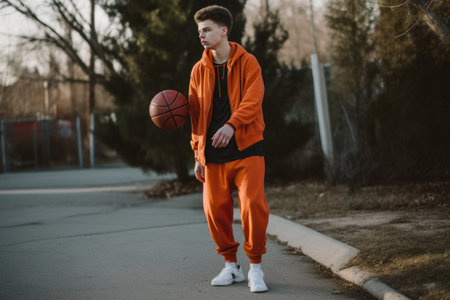 Male Caucasian teenager playing basketball driveway activity. Generative AI AIG23.の素材