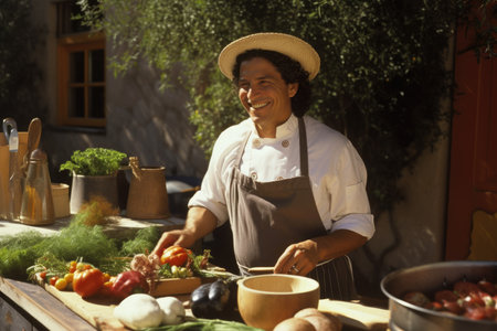 Male Hispanic adult cooking outdoor kitchen stove. Generative AI AIG23.の素材