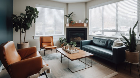 Living room decor, home interior design . Mid-century modern Scandinavian style with Fireplace decorated with Leather and Wood material . Generative AI AIG26.の素材