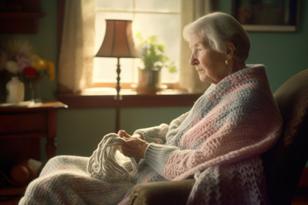 Female Caucasian elderly knitting cozy sweater warmth living room. Generative AI AIG23.の素材