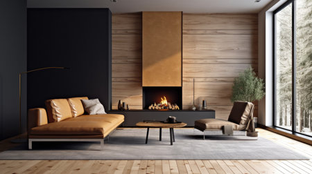 Living room decor, home interior design . Modern Minimalist style with Fireplace decorated with Leather and Wood material . Generative AI AIG26.の素材