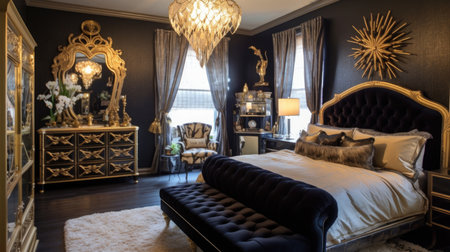 Bedroom decor, home interior design . Art Deco Glam style with Wallpaper decorated with Brass and Marble material . Generative AI AIG26.の素材