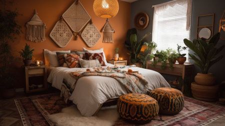 Bedroom decor, home interior design . Bohemian Eclectic style with Tapestry decorated with Rattan and Textile material . Generative AI AIG26.の素材