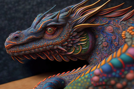 intricate vibrantly colored delicately carved dragon pointing. Glorious Generative AI.の素材
