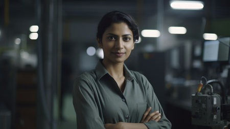 A smiling Indian female electronic factory worker standing in factory. Generative AI AIG19.の素材