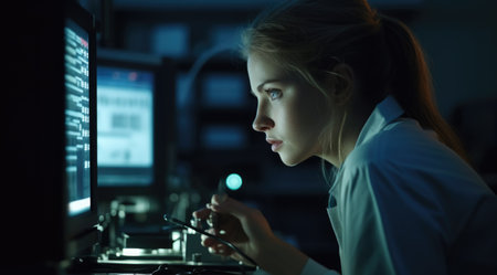 A young female scientist in lab coat looking at a computer in a laboratory. Generative AI AIG21.の素材