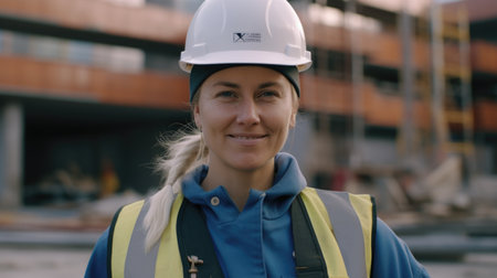 A smiling Swedish female construction worker standing in construction site. Generative AI AIG19.の素材