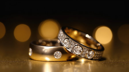 Closeup shot of two diamond rings on a golden surface. Generative AI AIG21.の素材