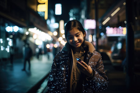 Wide angle shot of a young chinese japanese 10-year-old little girl trendy clothes using mobile phone with background of urban city street at night. Generative AI AIG18.の素材