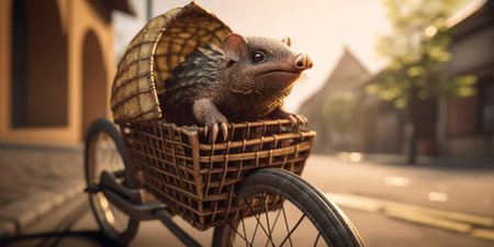 armadillo have fun bicycle ride on sunshine day in summer on town streetの素材
