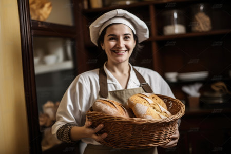 Smiling spanish female baker standing in home kitchen holding bread in basket. Generative AI AIG21.の素材