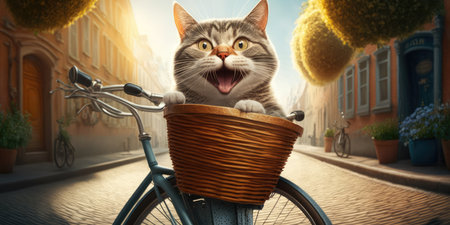 cat have fun bicycle ride on sunshine day in summer on town streetの素材