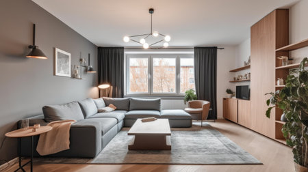 Cozy living room with a modern design in apartment. Generative AI AIG21.の素材