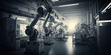 Robotic arm in factory production line controlled by computer software. distinct generative AI image.の素材