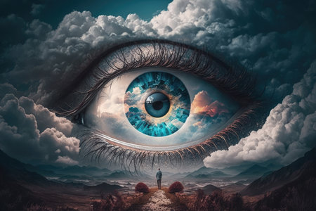 Dream and imagination through human vision eye sight into the cloud in sky. distinct generative AI image.の素材