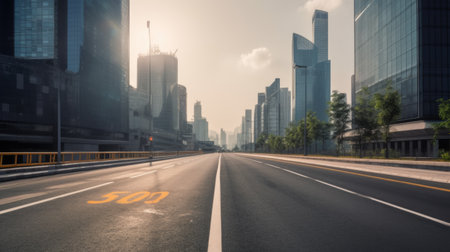 Urban empty road with cityscape. Generative AI AIG21.の素材
