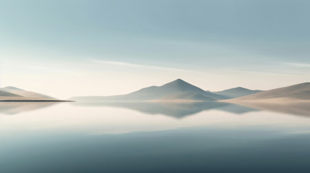 Beautiful mountain lake and natural environment in the morning background. Tranquil panoramic mountainous and nature lake shore scenery. Picturesque generative AIの素材