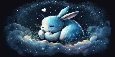 A cute and adorable bunny is sleeping under night sky between stars pillow. Generative AI AIG16.の素材