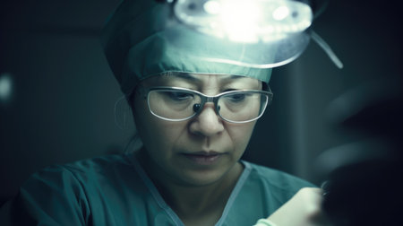 Surgeon Female Asian Middle-aged Performing surgery in operating room in Hospital. Generative AI AIG22.の素材