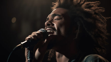 Heavy Metal Singer Male African-American Young Adult Performing live music for an audience, singing heavy metal songs in music festival. Generative AI AIG22.の素材